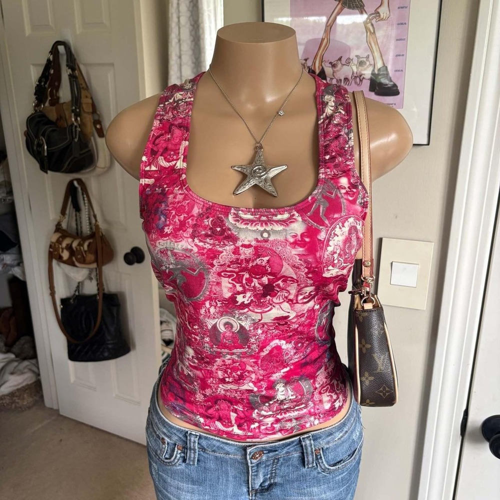 y2k 2000s pink buddha print tank top (size M)